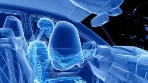 3d blue inside of of a car having a crash with airbag going off