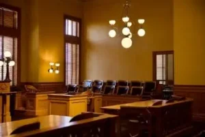 Vintage Courtroom interior with witness stand