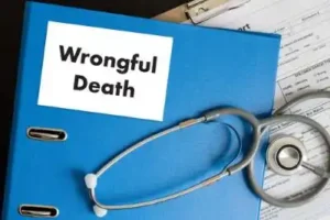 blue notebook with white label and wrongful death in black