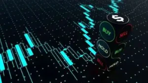 Stacked neon dice showing buy hold and sell on candlestick chart as the case in the Manhattan Associates class action lawsuit. Concept 3D illustration looking like warning traffic light in green yellow and red sign.