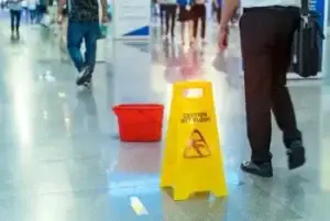 Workers putting up wet floor cautions at a Nashville Mall to prevent a slip and fall lawsuit after a slip and fall accident in Nashville at same mall
