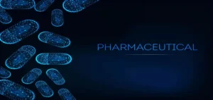 blue pills on blue background with pharmacy written beside
