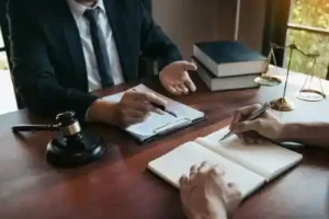 Premises liability lawyer in Nashville discusses a lawsuit involving premises liability with his client who was the victim of a Premises Liability accident