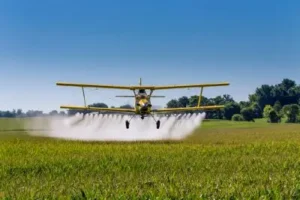 A crop duster applies chemicals to a field of vegetation.