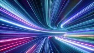 3d render, abstract colorful neon background, tunnel turning to the right, ultra violet rays, glowing lines, cyber network data, speed of light, space and time, highway night lights