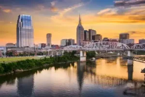 Nashville skyline and waterfront were numerous people have been injured in a serious jet ski accident in Tennessee