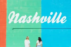 blue and green wall with Nashville in white