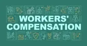 Workers compensation program word concepts banner. Protection employer legal right. Infographics with linear icons on dark green background. Isolated typography. Vector outline RGB color illustration