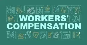 Workers compensation program word concepts banner. Protection employer legal right. Infographics with linear icons on dark green background. Isolated typography. Vector outline RGB color illustration