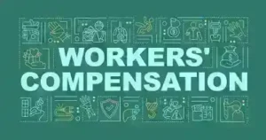 Workers compensation program word concepts banner. Protection employer legal right. Infographics with linear icons on dark green background. Isolated typography. Vector outline RGB color illustration