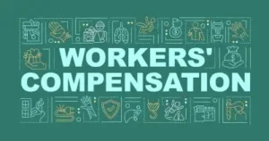 Workers compensation program word concepts banner. Protection employer legal right. Infographics with linear icons on dark green background. Isolated typography. Vector outline RGB color illustration