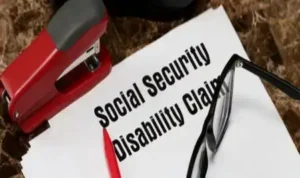 3d illustration of social security disability claim with a stamp denied. Disability insurance concept.