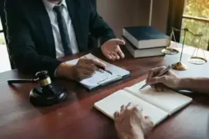 Columbia Social Security Disability Lawyer meets with client about social security benefits; hammer and gavel on desk