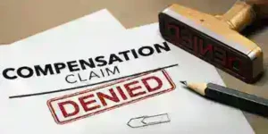 3d illustration of a worker compensation claim with a stamp denied. Disability insurance concept.
