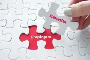Close up of girl's hand placing the last jigsaw puzzle piece with word Employee and Benefits
