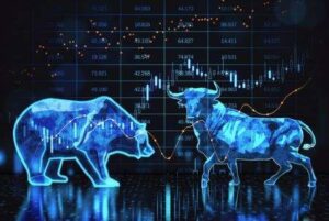 Abstract bearish and bullish forex chart on blurry background. Stock market exchange and financial analysis. 3D Rendering to show loss causation illustration in Organon Lawsuit