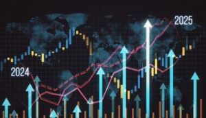 A 3D rendering of a global financial growth chart with arrows pointing upward, indicating rising trends for 2024 and 2025 on a dark background used in Organon class action lawsuit