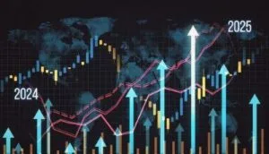 A 3D rendering of a global financial growth chart with arrows pointing upward, indicating rising trends for 2024 and 2025 on a dark background used in Hims & Hers Lawsuit