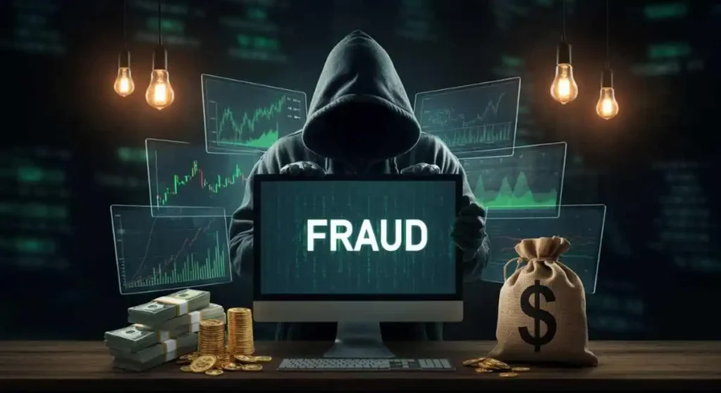 man with green hoodie looking over computer that says fraud used in securities litigation