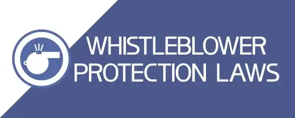Whistleblower protection laws. Blue poster with the image of a whistle in a circle and text information.used in retaliation