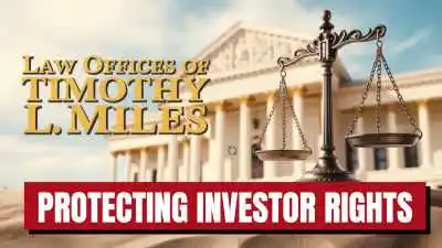 hammer and gavel in front of court, in gold states law office of timohy l. miles used in securities fraud class action lawsuit