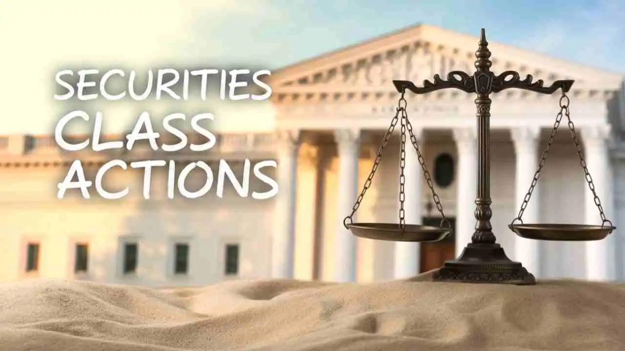 Securities class action in writting in forground of couthouse used in KinderCare Class Action Lawsuit