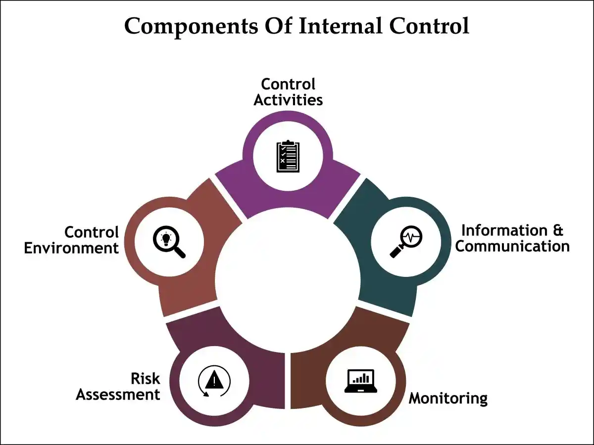 Five components of internal Control - Control Activities, Information and communication, monitoring, Risk assessment, Control Environment. Infographic template with icons and description placeholder used in Embezzling Receipts and Securities Litigation