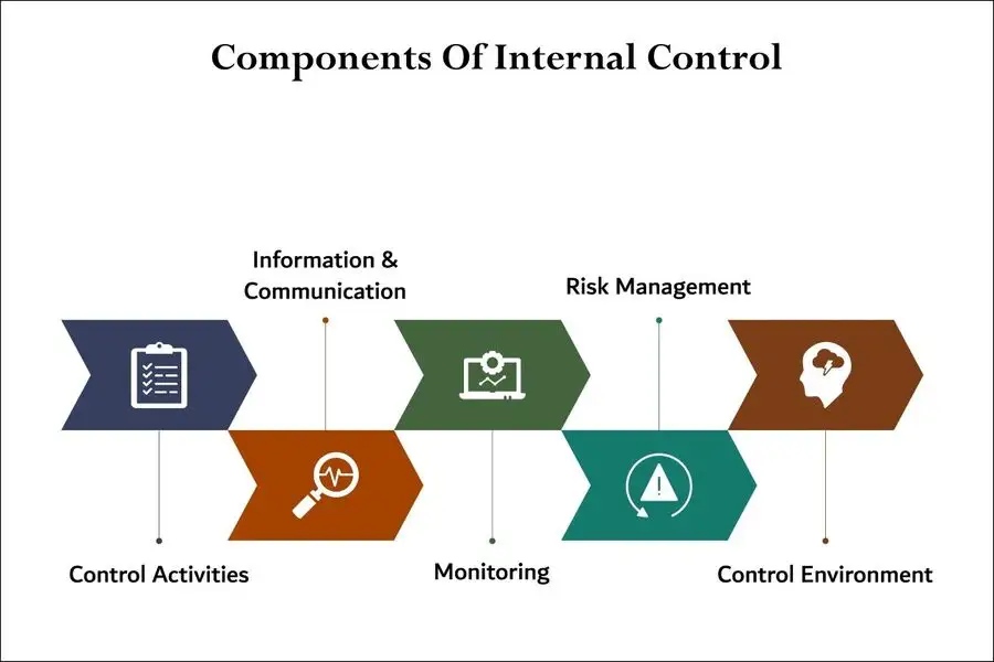 Five components of internal control - Control Activities, information and communication, monitoring, risk management, control environment. Infographic template with icons and description placeholder used in What Is an Accounting Misstatement