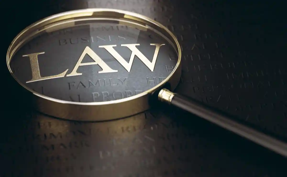 Word law written in golden letters over black background and magnifying glass. 3d illustration. Used in Understanding Internal Controls