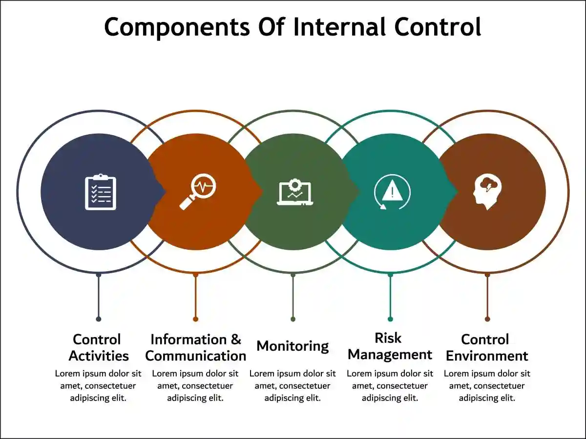 Five components of internal control - Control Activities, information and communication, monitoring, risk management, control environment. Infographic template with icons and description placeholder used in Weak Internal Controls and False Financial Statements