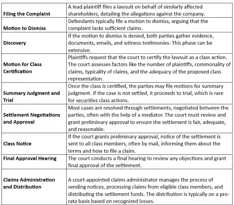 Chart of securities litigation processs ues in fraud on the market theory