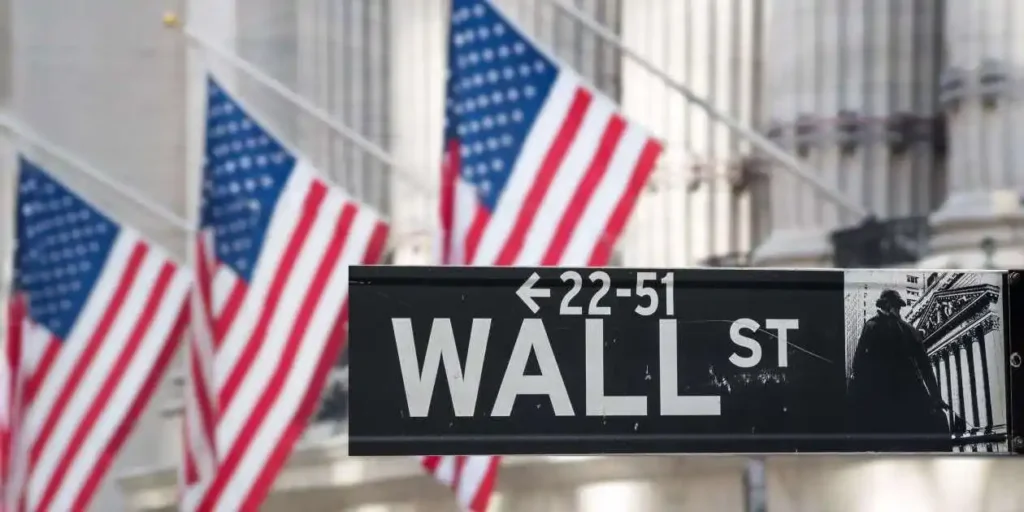 up close picture of wall street with American flags in background used in Section 10(b) Litigation