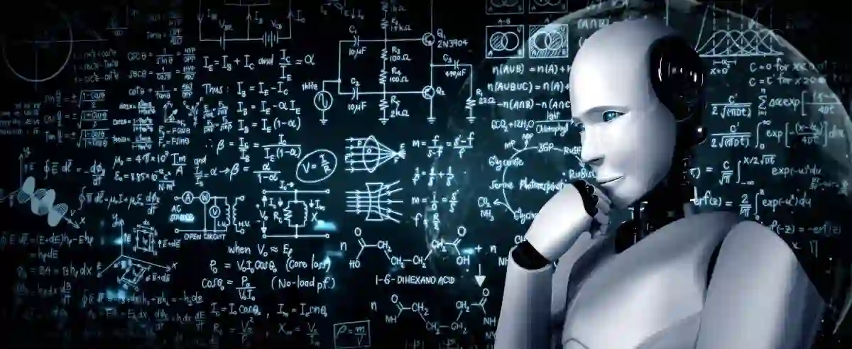 Thinking AI humanoid robot analyzing screen of mathematics formula and science equation by using artificial intelligence and machine learning process for the 4th industrial revolution. 3D illustration Asset Preventing and detecting accounting fraud