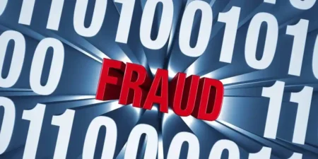 fraud in red in between blue numbers in 3d used in Molina Healthcare Class Action Lawsuit.