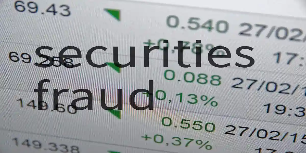 securities fraud in black foreground against white and green stock chart used in securities fraud litigation