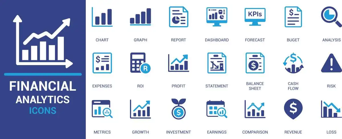 Modern flat design financial analytics icon set featuring charts, reports, KPIs, ROI, cash flow, and investment. Perfect for finance, data, and business projects. used in Asset Misappropriation Red Flags