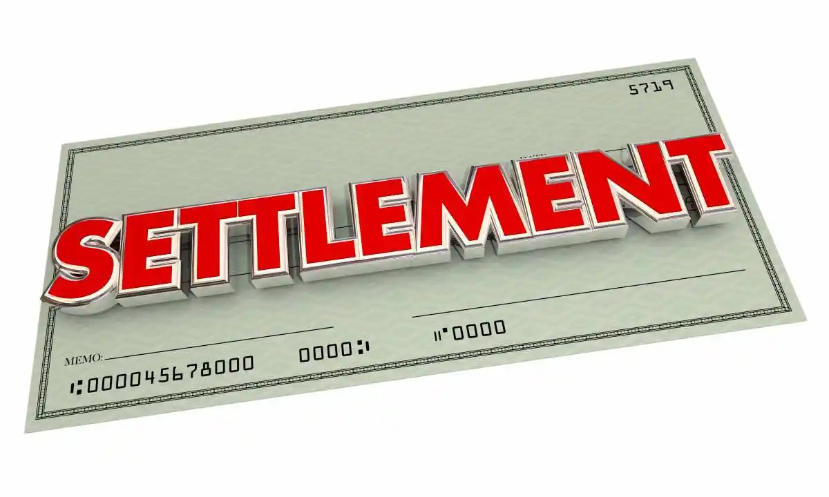 Settlement Check Agreement Payout Word 3d Illustration used in Settlements in Securities Litigation