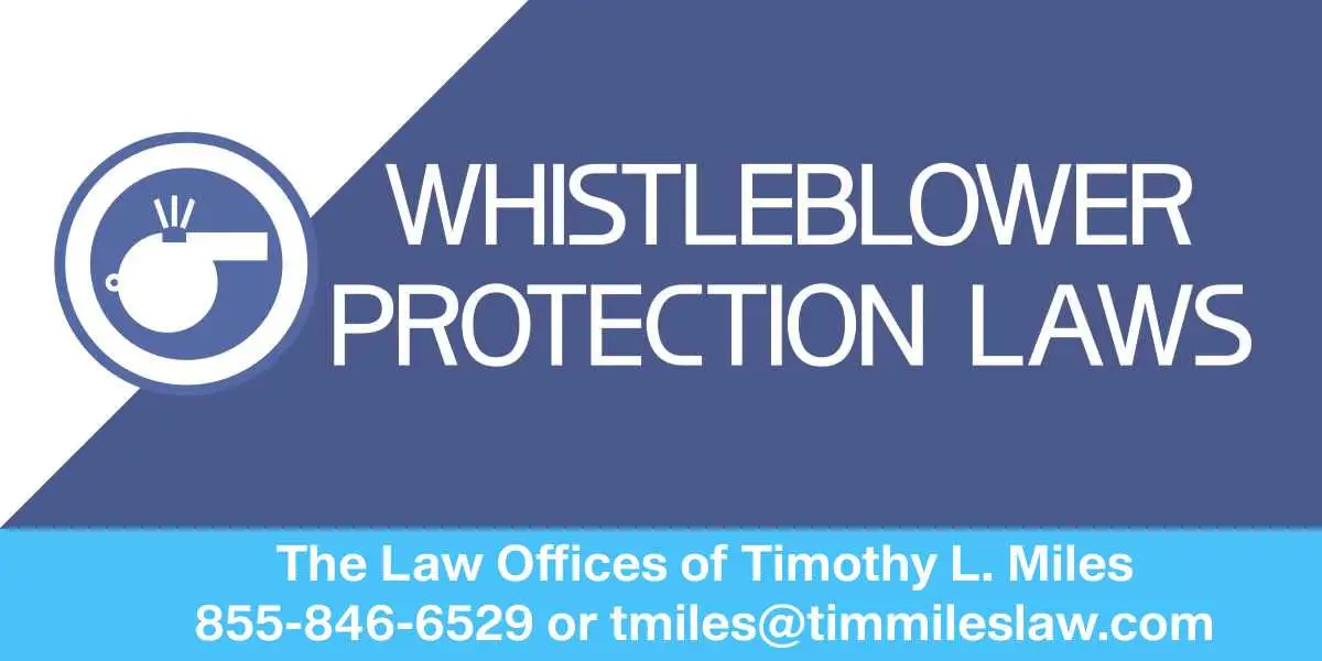 Whistleblower protection laws. Blue poster with the image of a whistle in a circle and text information. Used in Whistleblower Lawsuits and Programs 