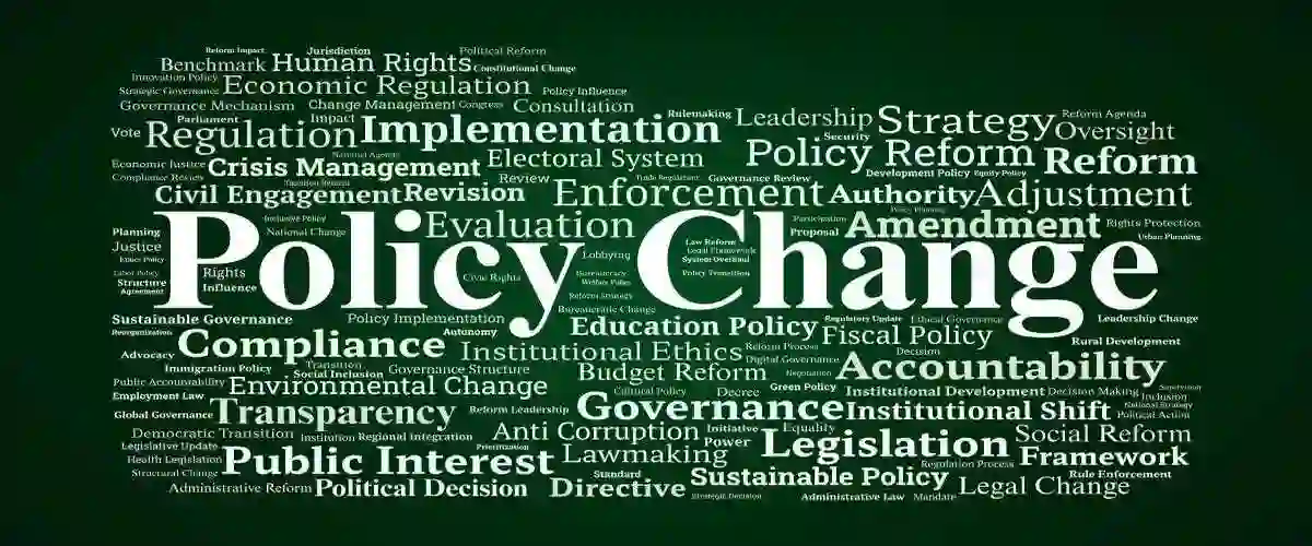 Policy Change Word Cloud. A comprehensive visualization of key concepts in reform, governance, legislation, and regulatory evolution across diverse sectors. used in Financial Statement Fraud Red Flags