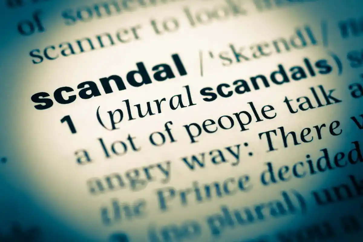 Close up of old English dictionary page with word scandal used in The Three Main Types of Fraud