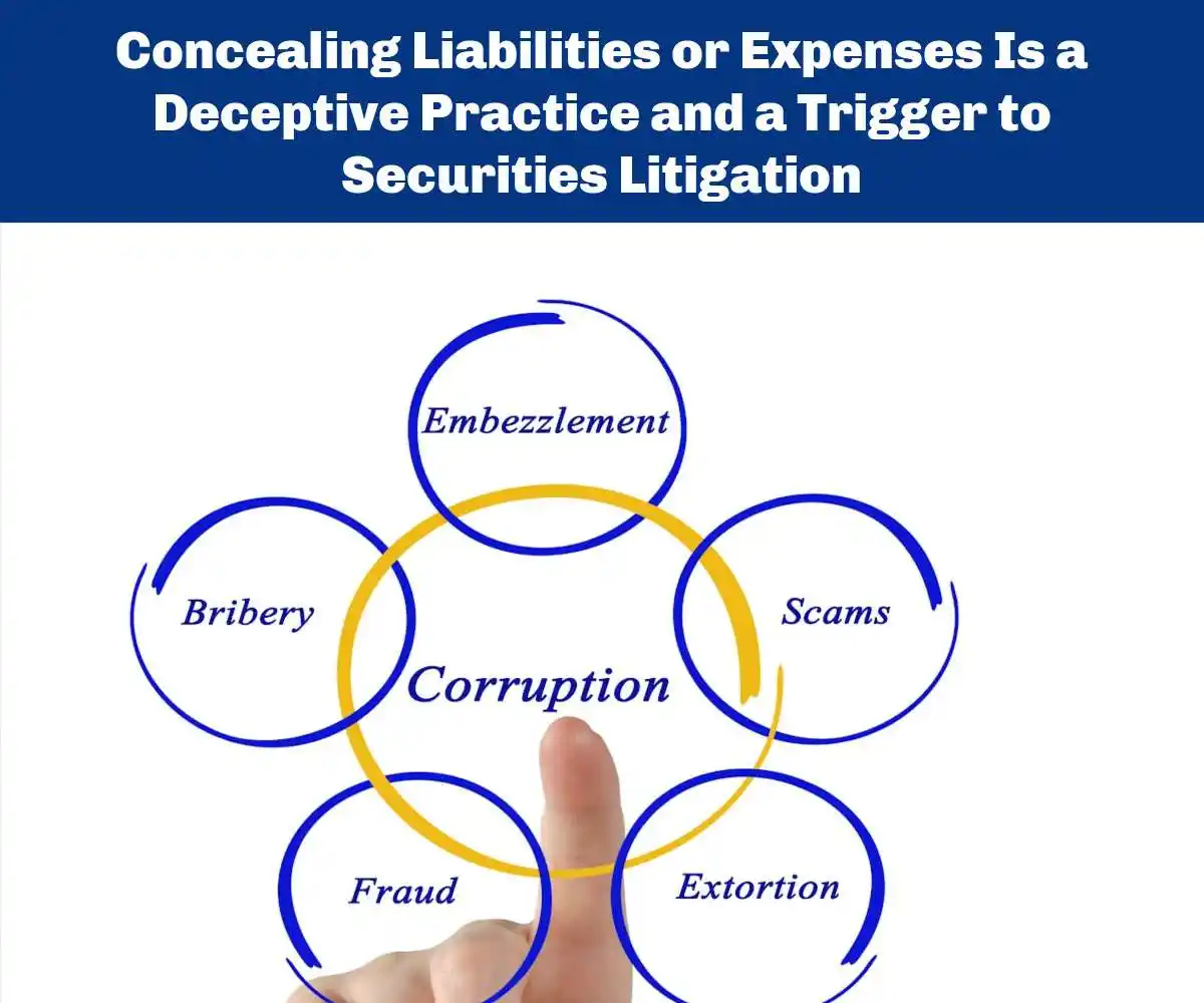 Concealing Liabilities or Expenses Is a Deceptive Practice and a Trigger to Securities Litigation in white on blue with corruption cloud underneath and used in Concealing Liabilities or Expenses