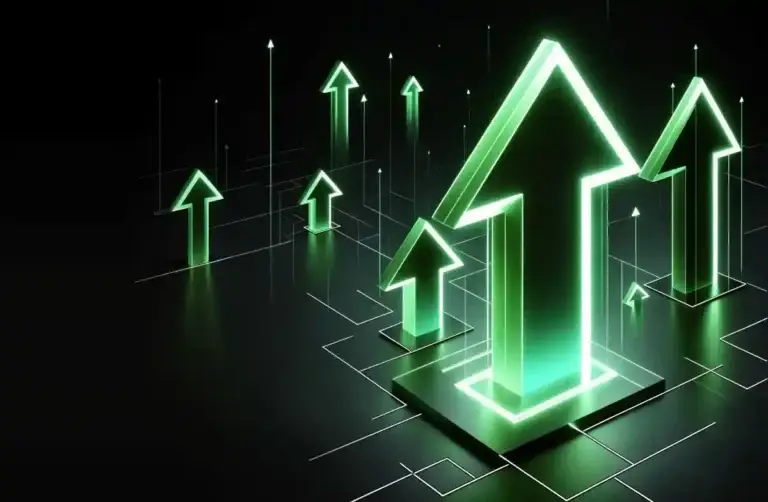 3D style backdrop, market trend, investment growth, green dynamic glowing arrows up on black background used in Freeport-Mcmoran Class Action Lawsuit