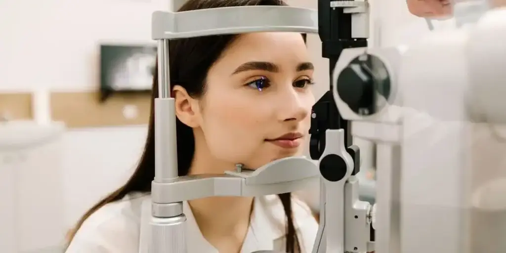 beautiful young femail getting an eye examination, dark har in pony tail, blue shirt on, used in Zepbound and Blurry Vision