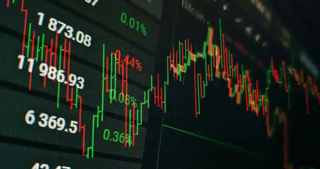 Technical price graph and indicator, red and green candlestick chart on blue theme screen, market volatility, up and down trend. Stock trading, crypto currency background and used in Telix Pharmaceuticals class action lawsuit