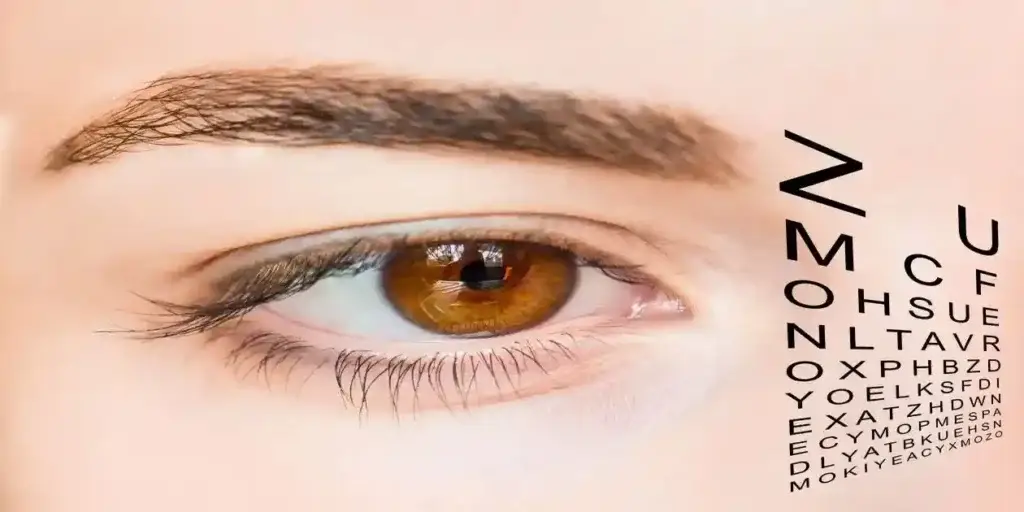 picture of a beautiful girl with up close view of eye with black eye chart next to it used in Mounjaro Vision Loss Lawyer