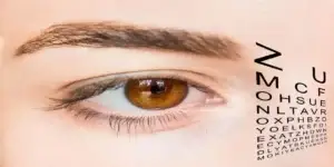 picture of a beautiful girl with up close view of eye with black eye chart next to it used in Mounjaro Vision Loss Lawyer