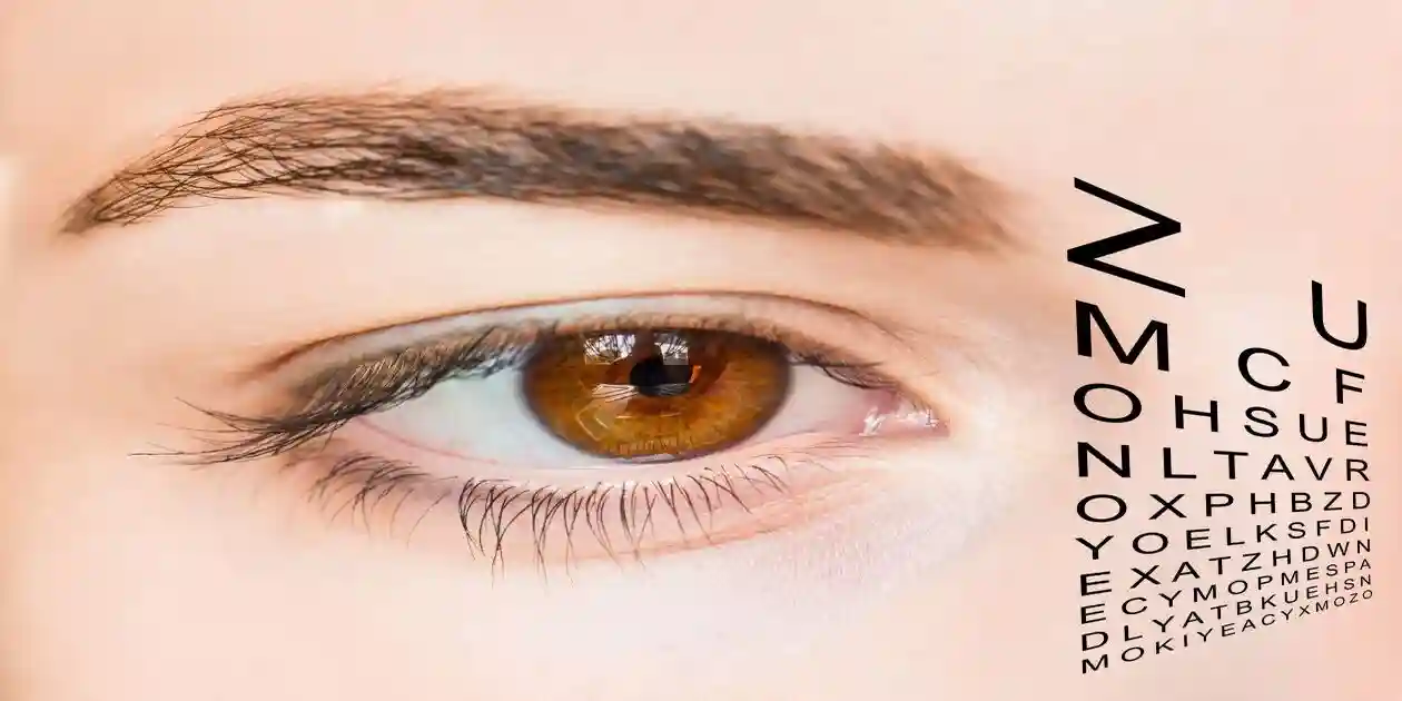 picture of a beautiful girl with up close view of eye with black eye chart next to it used in Mounjaro Vision Loss Lawyer