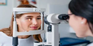 Eye doctor with female patient during an examination in modern clinic used in Mounjaro Vision Loss Lawsuit