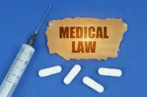 Medical concept. On a blue surface lie a syringe, pills and a cardboard sign with the inscription - MEDICAL LAW used in U.S. Food and Drug Administration