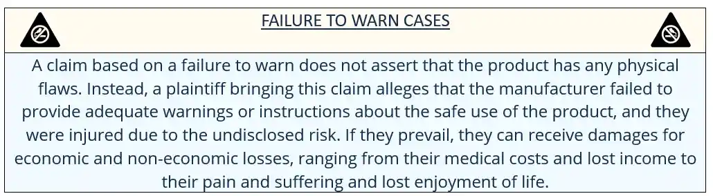 Definition of Failure to warn dark blue foreground light blue and creme background used in Dupixent Cancer lawsuit